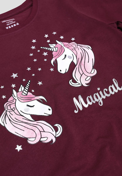 Tresnova Cotton Knit Full Sleeves Antimicrobial Finish Unicorn Printed Coordinating T-shirt And Joggers Set-Burgundy