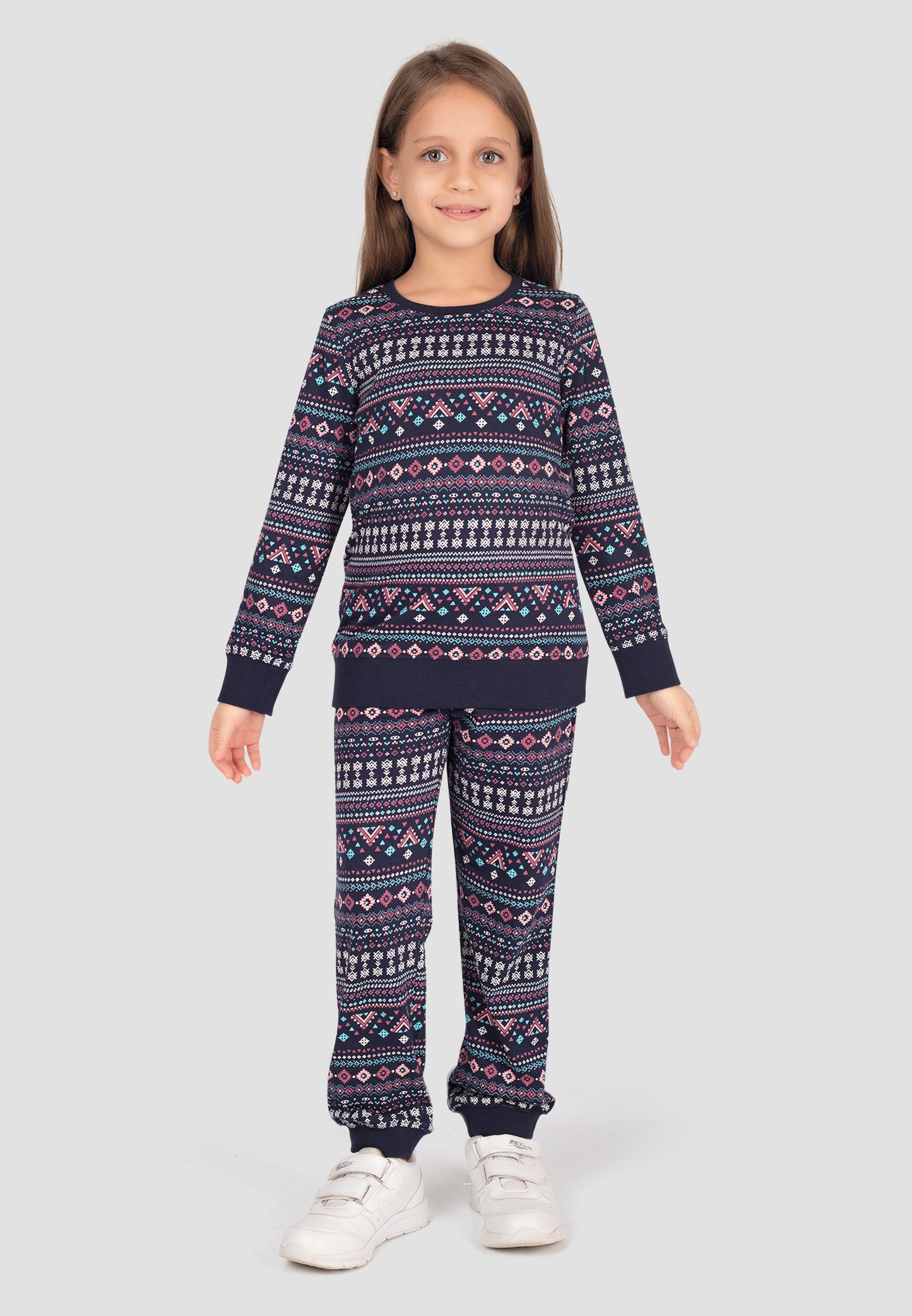 Tresnova Cotton Knit Full Sleeves Antimicrobial Finish Aztec Printed Coordinating T-shirt And Joggers Set-Navyblue