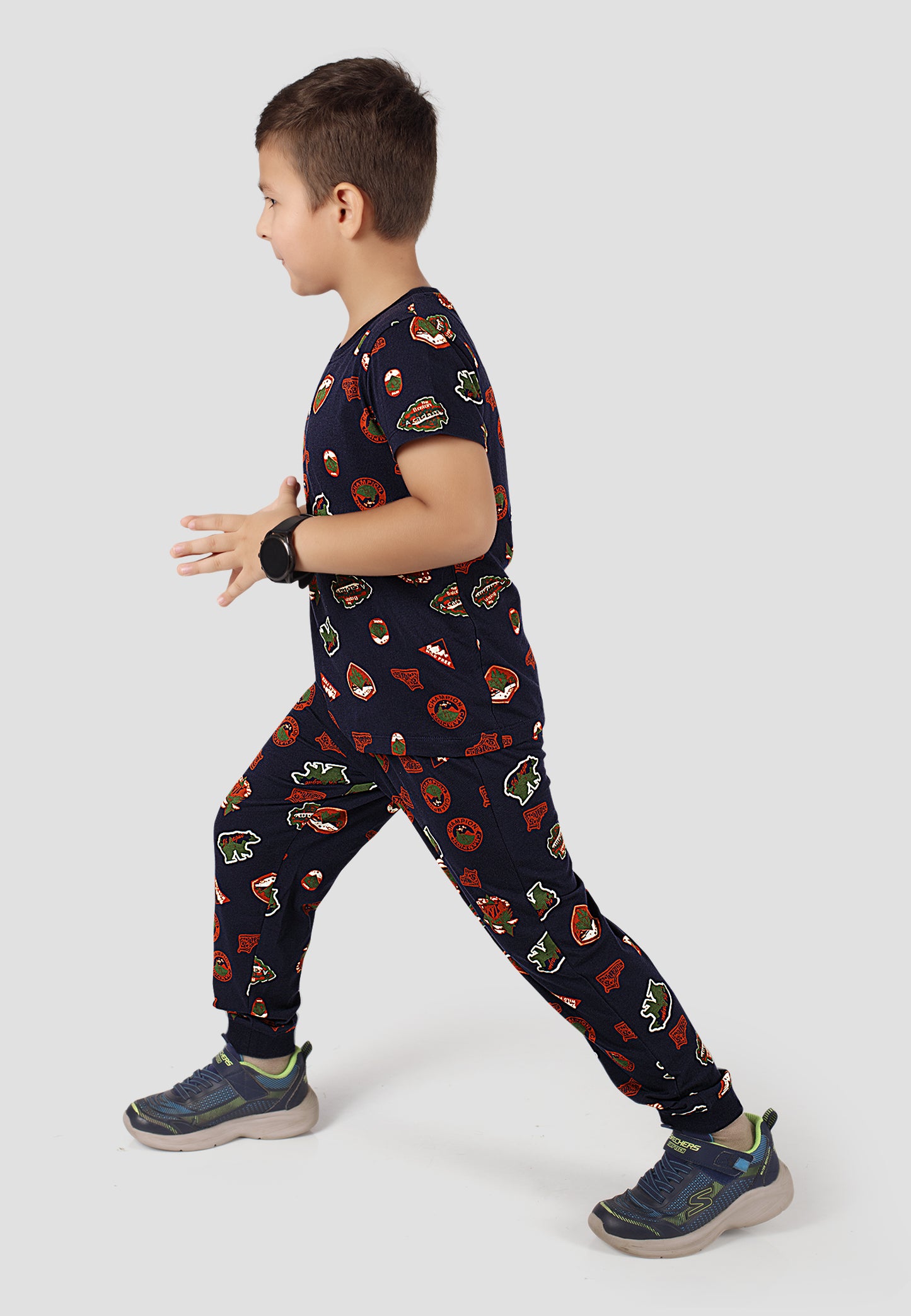 Tresnova Cotton Knit Half Sleeves Antimicrobial Finish Jungle Printed Coordinating T-shirt And Joggers Set-Navy Blue
