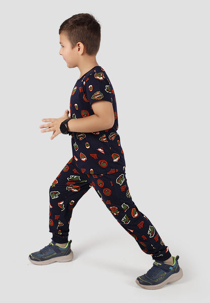 Tresnova Cotton Knit Half Sleeves Antimicrobial Finish Jungle Printed Coordinating T-shirt And Joggers Set-Navy Blue