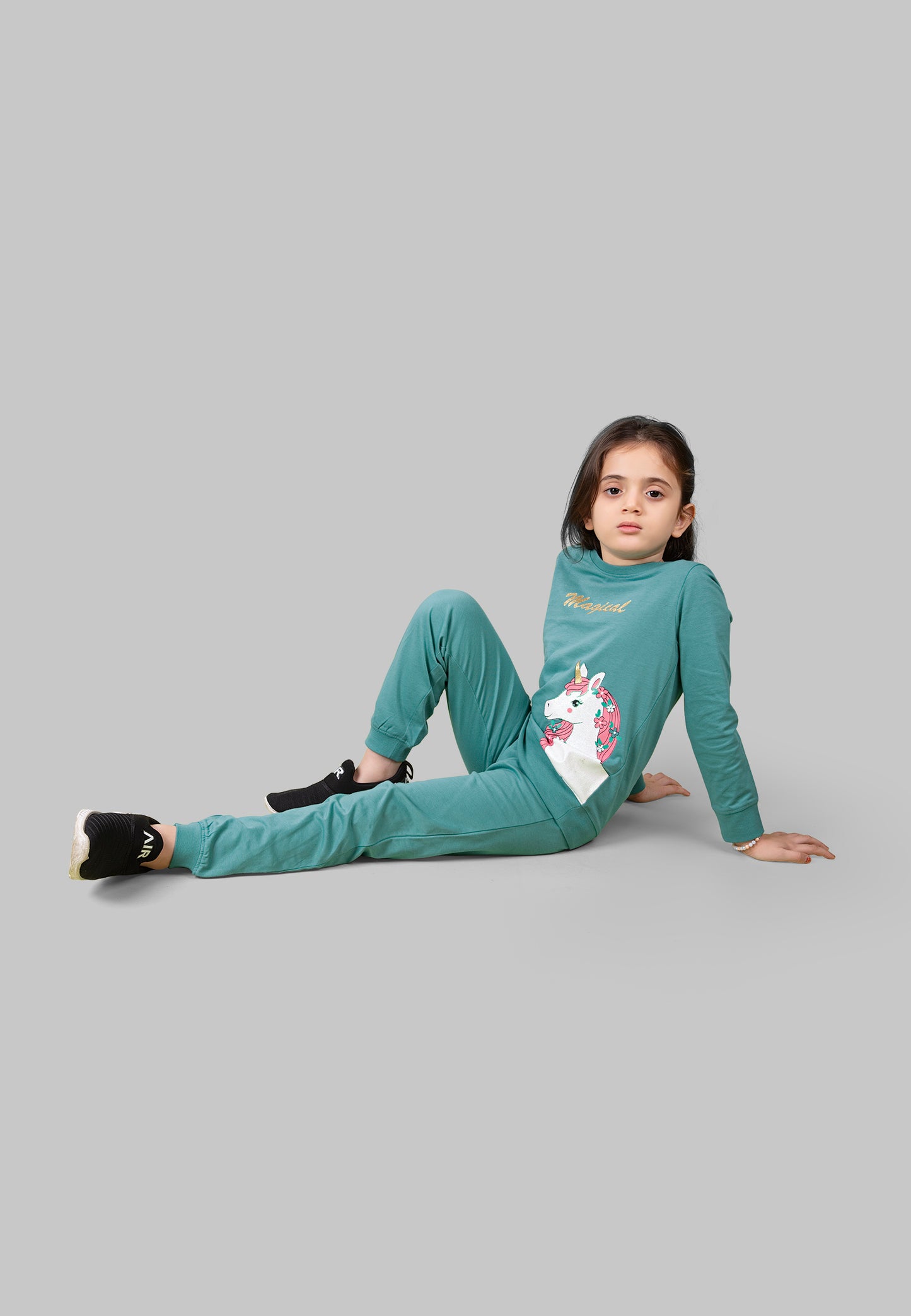 Tresnova Cotton Knit Full Sleeves Antimicrobial Finish Unicorn Printed Coordinating T-shirt And Joggers Set-Teal Blue