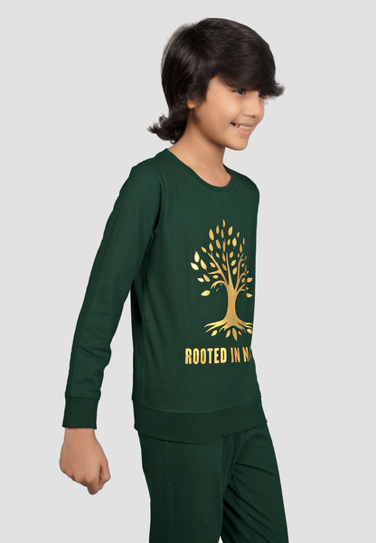 Kantara Tresnova Cotton Knit Full Sleeves Antimicrobial Finish Root Printed Coordinating T-shirt And Joggers Set-Green