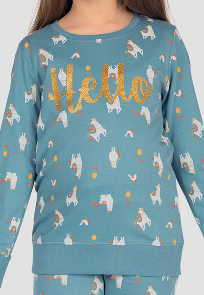 Tresnova Cotton Knit Full Sleeves Antimicrobial Finish Animal Printed Coordinating T-shirt And Joggers Set-Tealblue