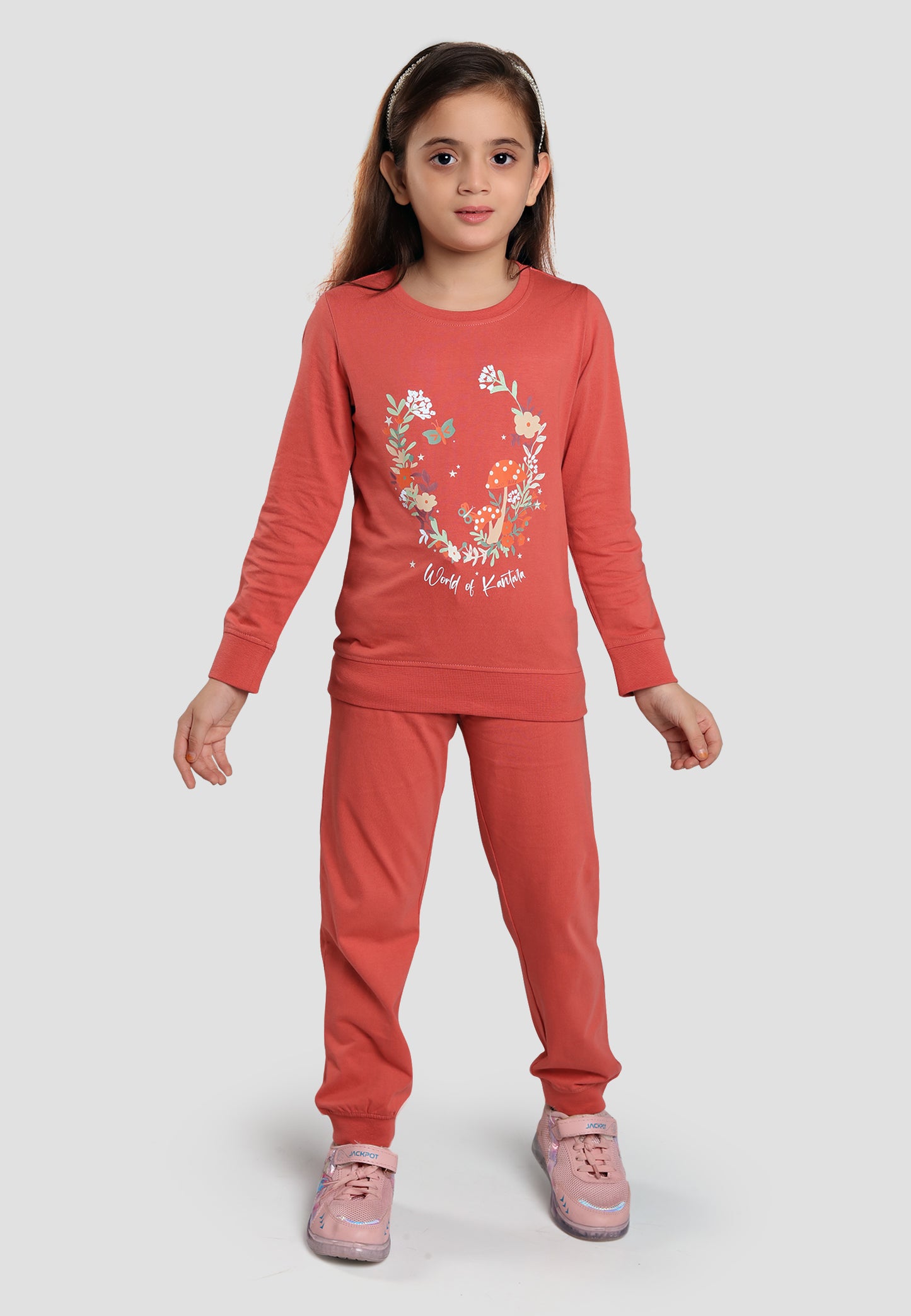 Kantara Tresnova Cotton Knit Full Sleeves Antimicrobial Finish Floral Printed Coordinating T-shirt And Joggers Set-Pink