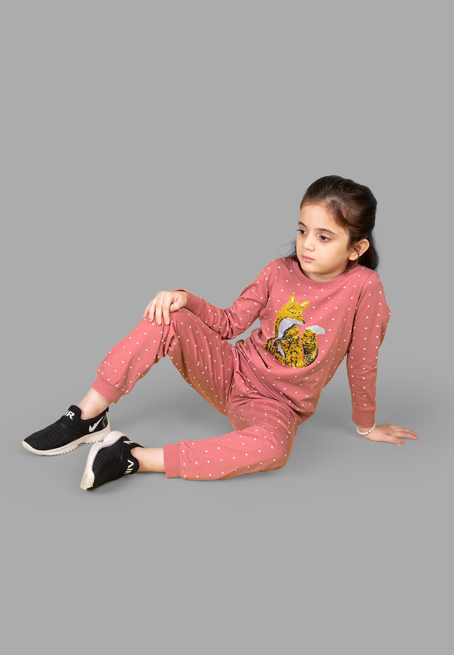 Tresnova Cotton Knit Full Sleeves Antimicrobial Finish Fox Printed Coordinating T-shirt And Joggers Set-Salmon Pink