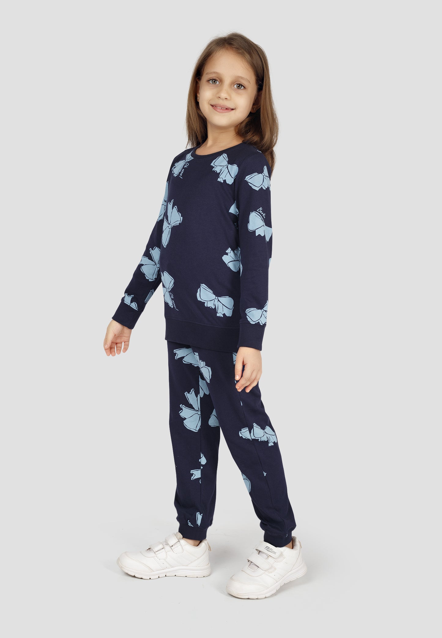 Tresnova Cotton Knit Full Sleeves Antimicrobial Finish Bow Printed Coordinating T-shirt And Joggers Set-Navyblue
