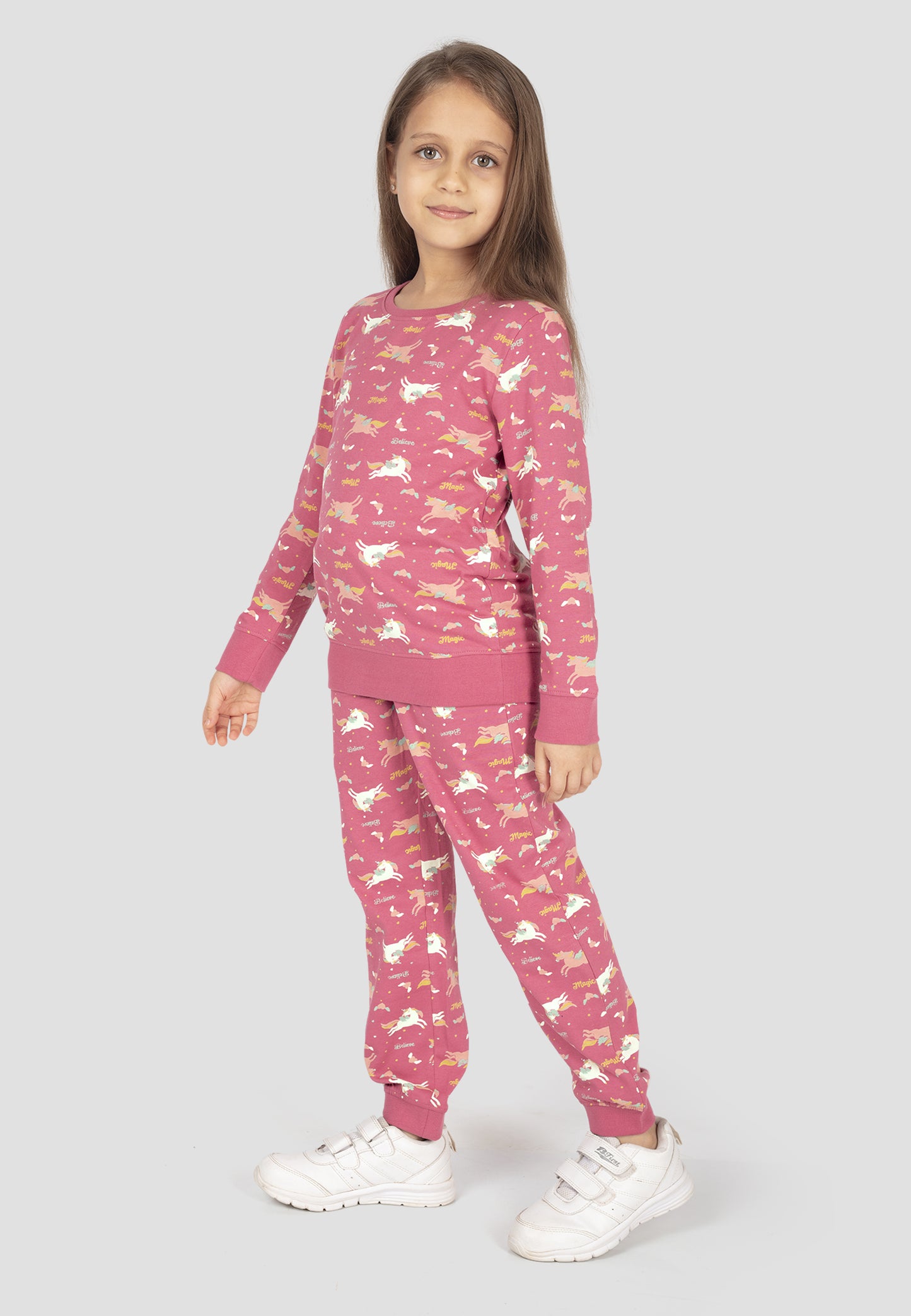 Tresnova Cotton Knit Full Sleeves Antimicrobial Finish Unicorn Printed Coordinating T-shirt And Joggers Set-Rosepink