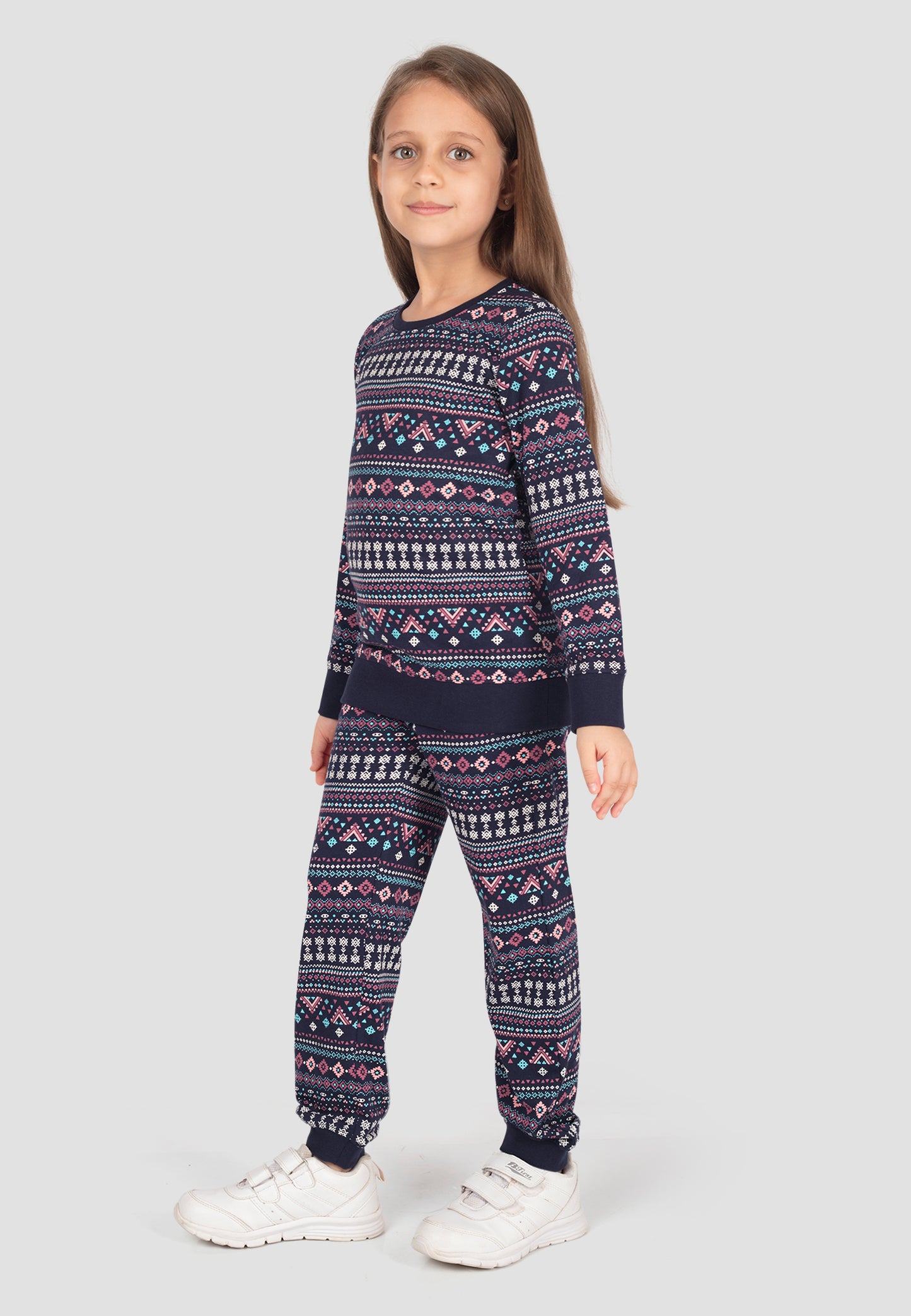 Tresnova Cotton Knit Full Sleeves Antimicrobial Finish Aztec Printed Coordinating T-shirt And Joggers Set-Navyblue
