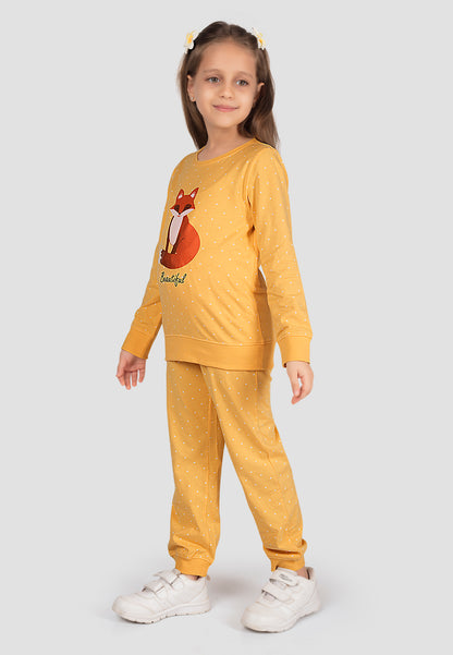 Tresnova Cotton Knit Full Sleeves Antimicrobial Finish Fox Printed Coordinating T-shirt And Joggers Set-Yellow