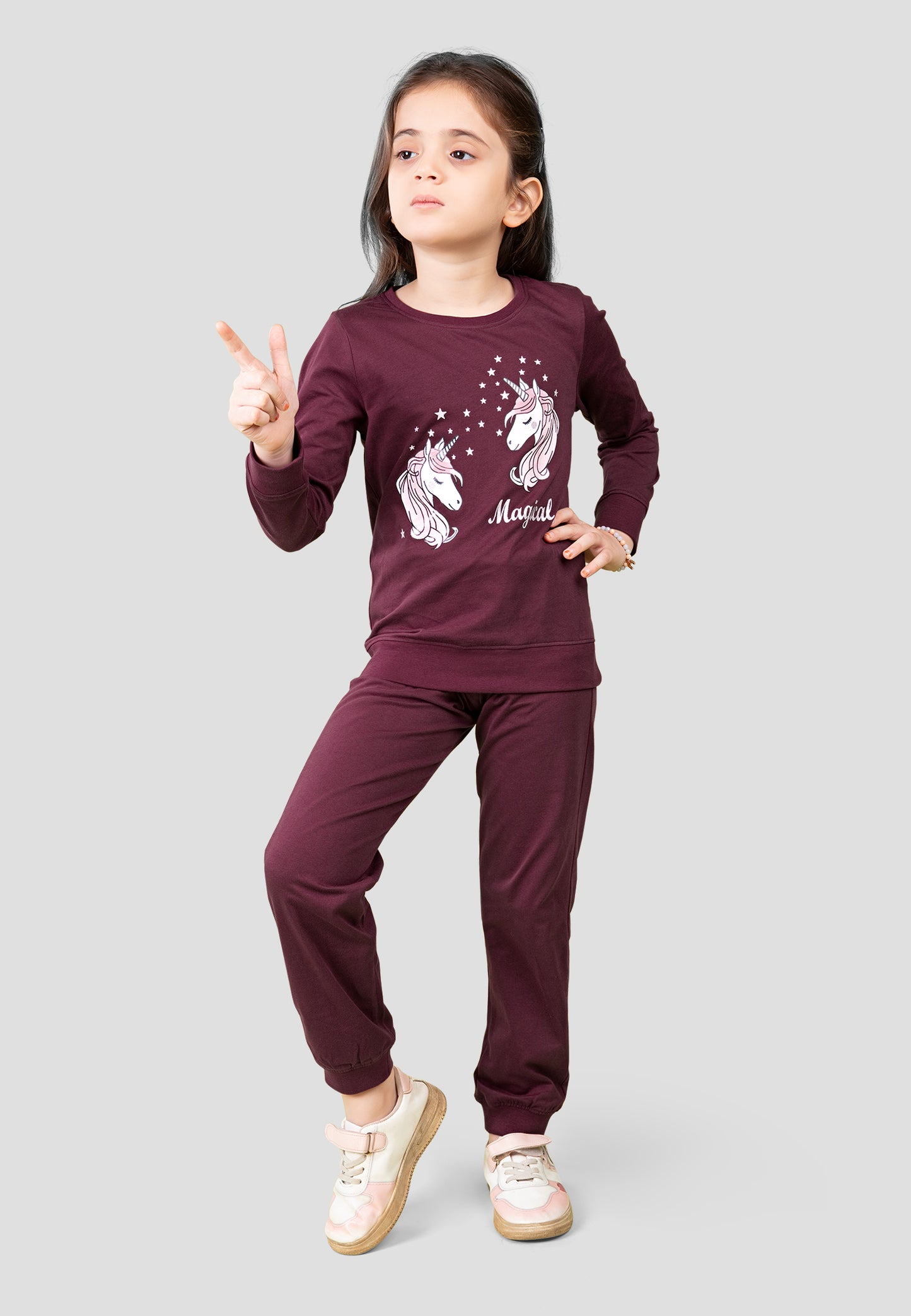 Tresnova Cotton Knit Full Sleeves Antimicrobial Finish Unicorn Printed Coordinating T-shirt And Joggers Set-Burgundy