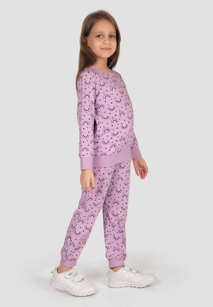 Tresnova Cotton Knit Full Sleeves Antimicrobial Finish Rainbow Printed Coordinating T-shirt And Joggers Set-Purple