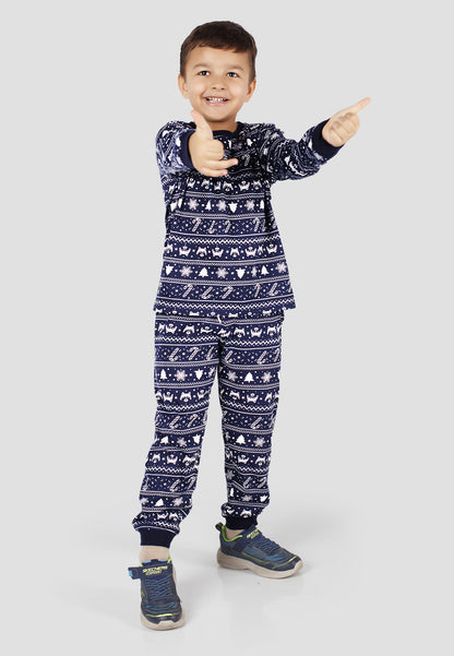 Tresnova Cotton Knit Full Sleeves Antimicrobial Finish Animal Printed Coordinating T-shirt And Joggers Set-Navyblue
