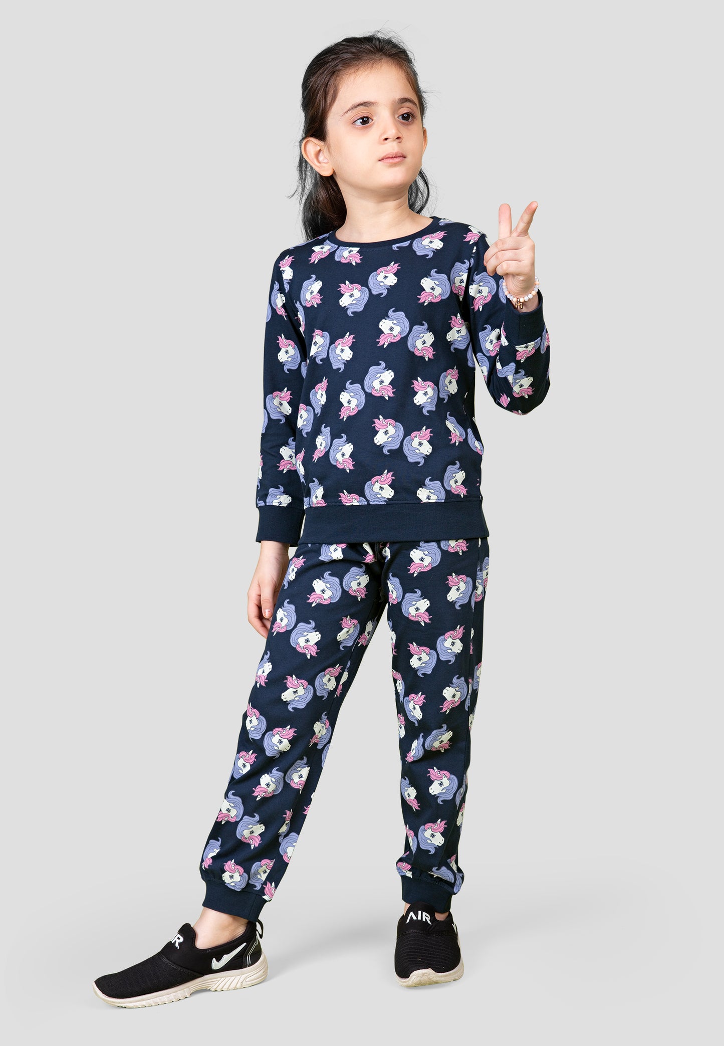 Tresnova Cotton Knit Full Sleeves Antimicrobial Finish Unicorn Printed Coordinating T-shirt And Joggers Set-Navy Blue