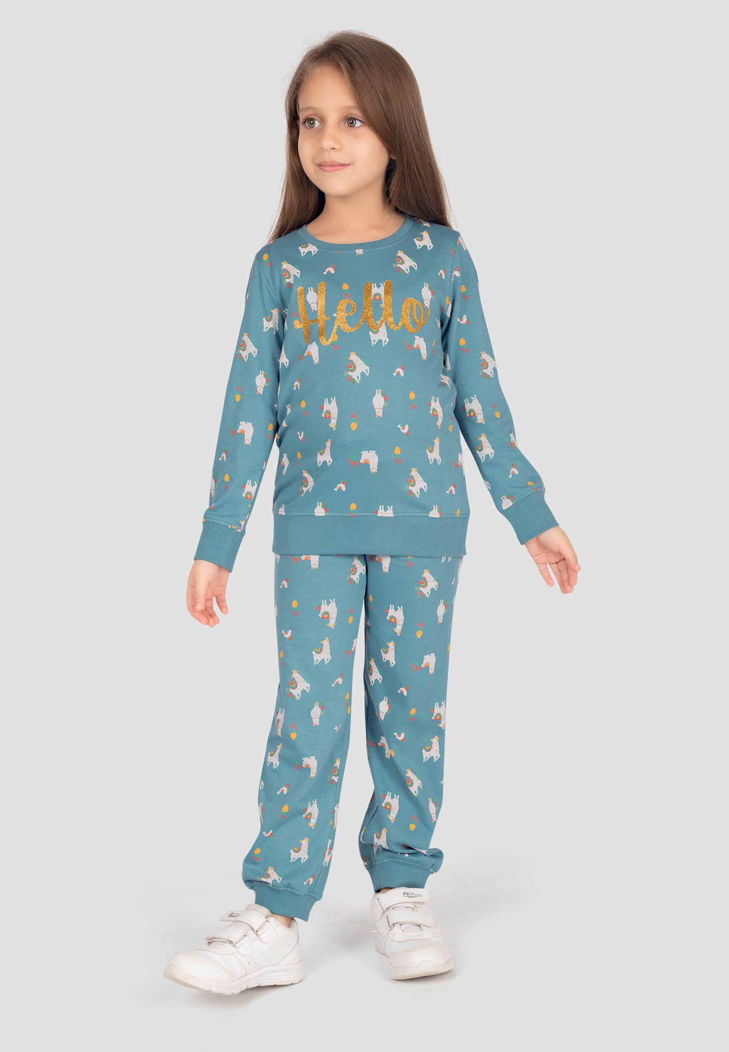 Tresnova Cotton Knit Full Sleeves Antimicrobial Finish Animal Printed Coordinating T-shirt And Joggers Set-Tealblue