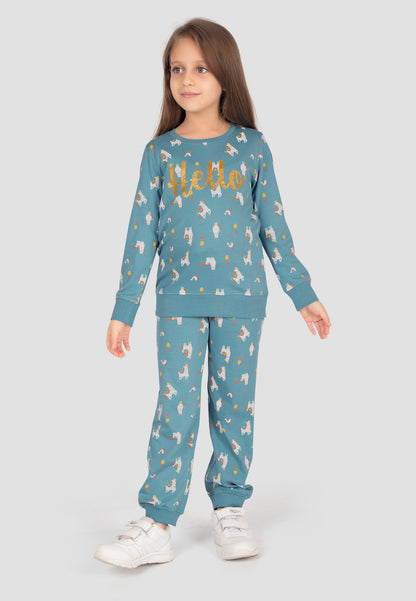 Tresnova Cotton Knit Full Sleeves Antimicrobial Finish Animal Printed Coordinating T-shirt And Joggers Set-Tealblue
