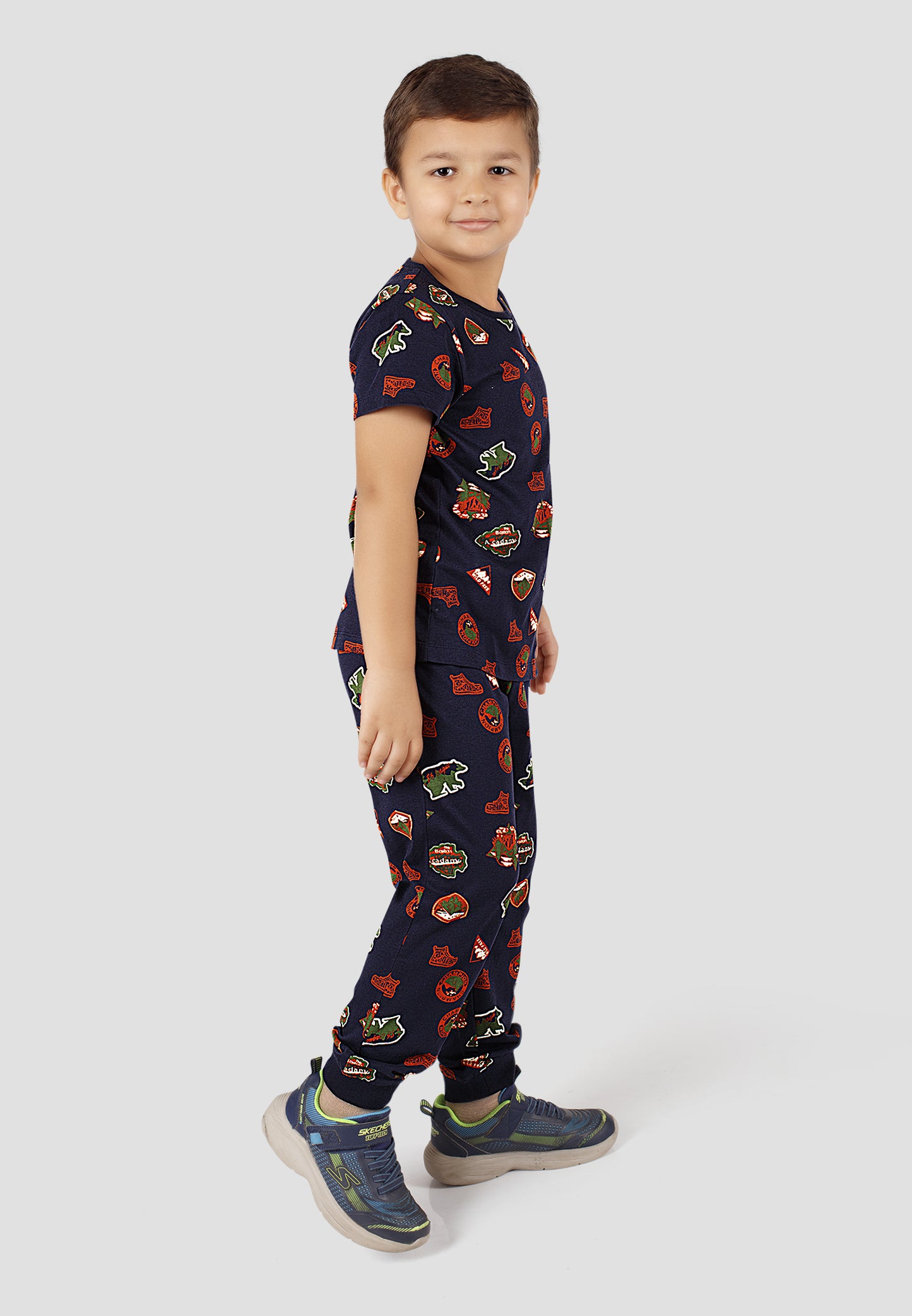 Tresnova Cotton Knit Half Sleeves Antimicrobial Finish Jungle Printed Coordinating T-shirt And Joggers Set-Navy Blue