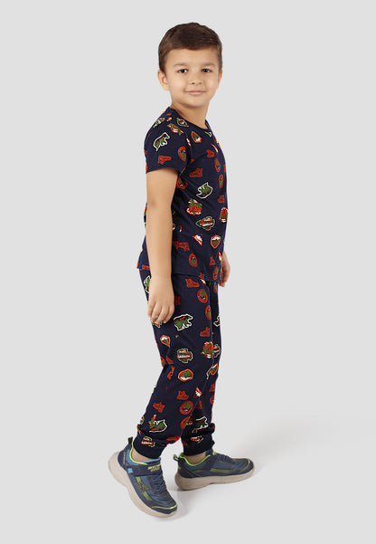Tresnova Cotton Knit Half Sleeves Antimicrobial Finish Jungle Printed Coordinating T-shirt And Joggers Set-Navy Blue