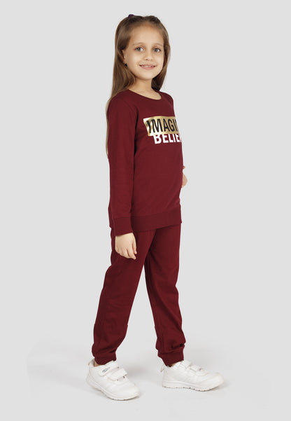 Tresnova Cotton Knit Full Sleeves Antimicrobial Finish Text Printed Coordinating T-shirt And Joggers Set-Burgundy