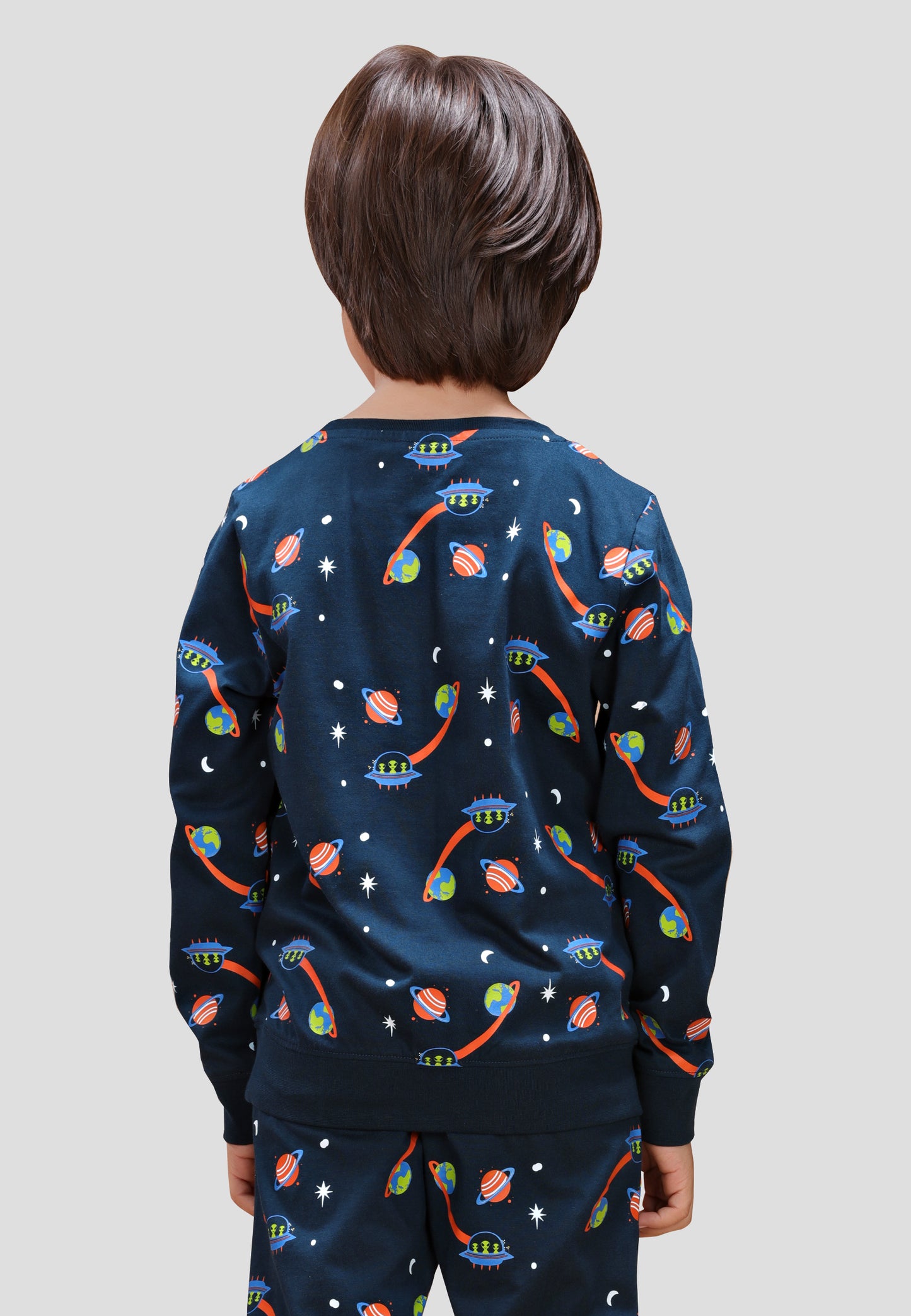 Tresnova Cotton Knit Full Sleeves Antimicrobial Finish Space Printed Coordinating T-shirt And Joggers Set-Navy