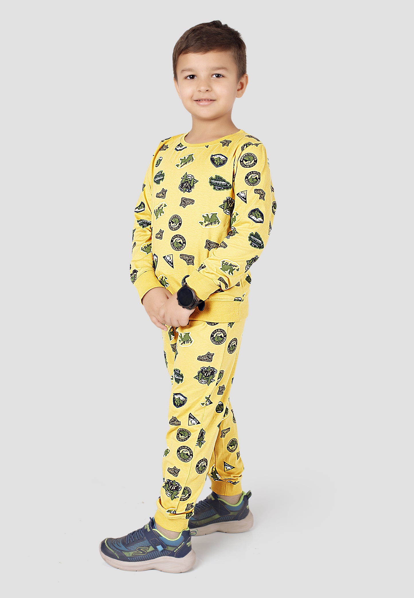 Tresnova Cotton Knit Full Sleeves Antimicrobial Finish Jungle Printed Coordinating T-shirt And Joggers Set-Yellow