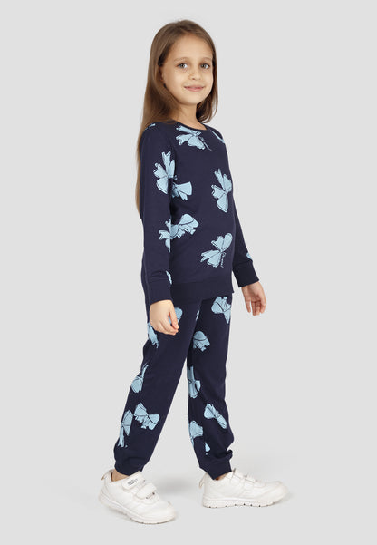 Tresnova Cotton Knit Full Sleeves Antimicrobial Finish Bow Printed Coordinating T-shirt And Joggers Set-Navyblue