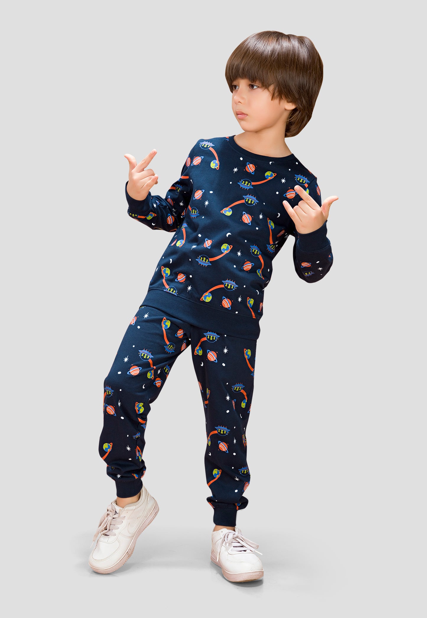 Tresnova Cotton Knit Full Sleeves Antimicrobial Finish Space Printed Coordinating T-shirt And Joggers Set-Navy