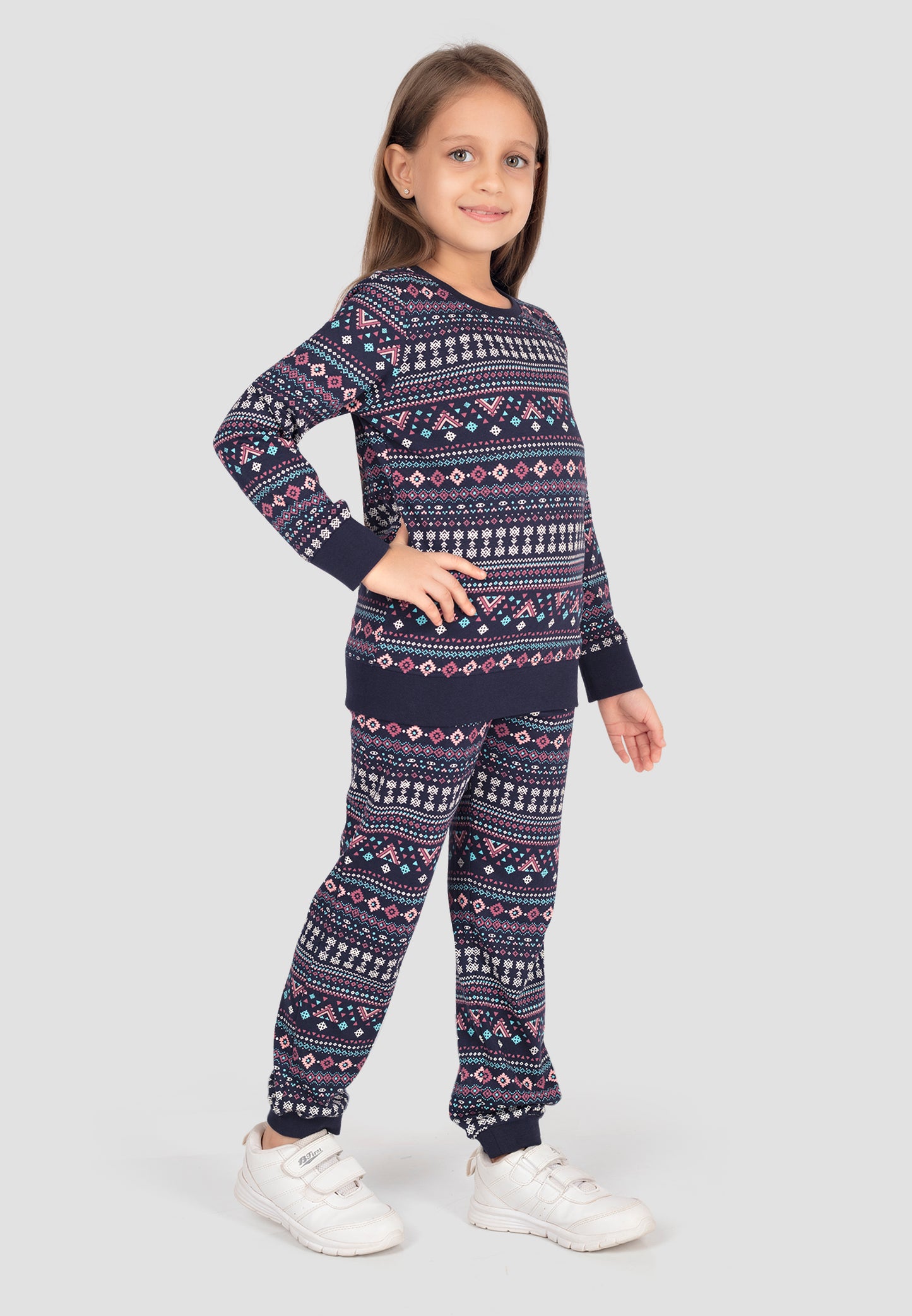 Tresnova Cotton Knit Full Sleeves Antimicrobial Finish Aztec Printed Coordinating T-shirt And Joggers Set-Navyblue
