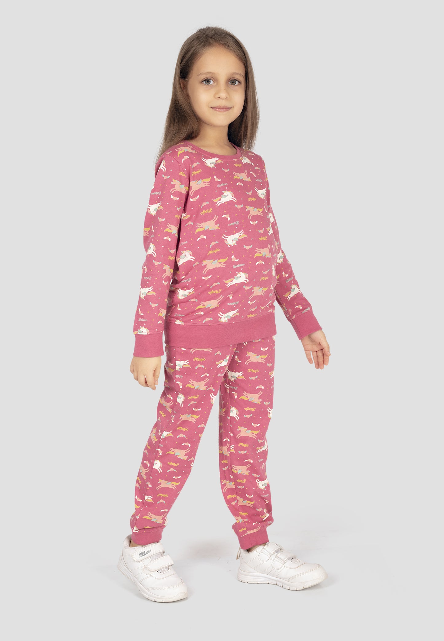 Tresnova Cotton Knit Full Sleeves Antimicrobial Finish Unicorn Printed Coordinating T-shirt And Joggers Set-Rosepink