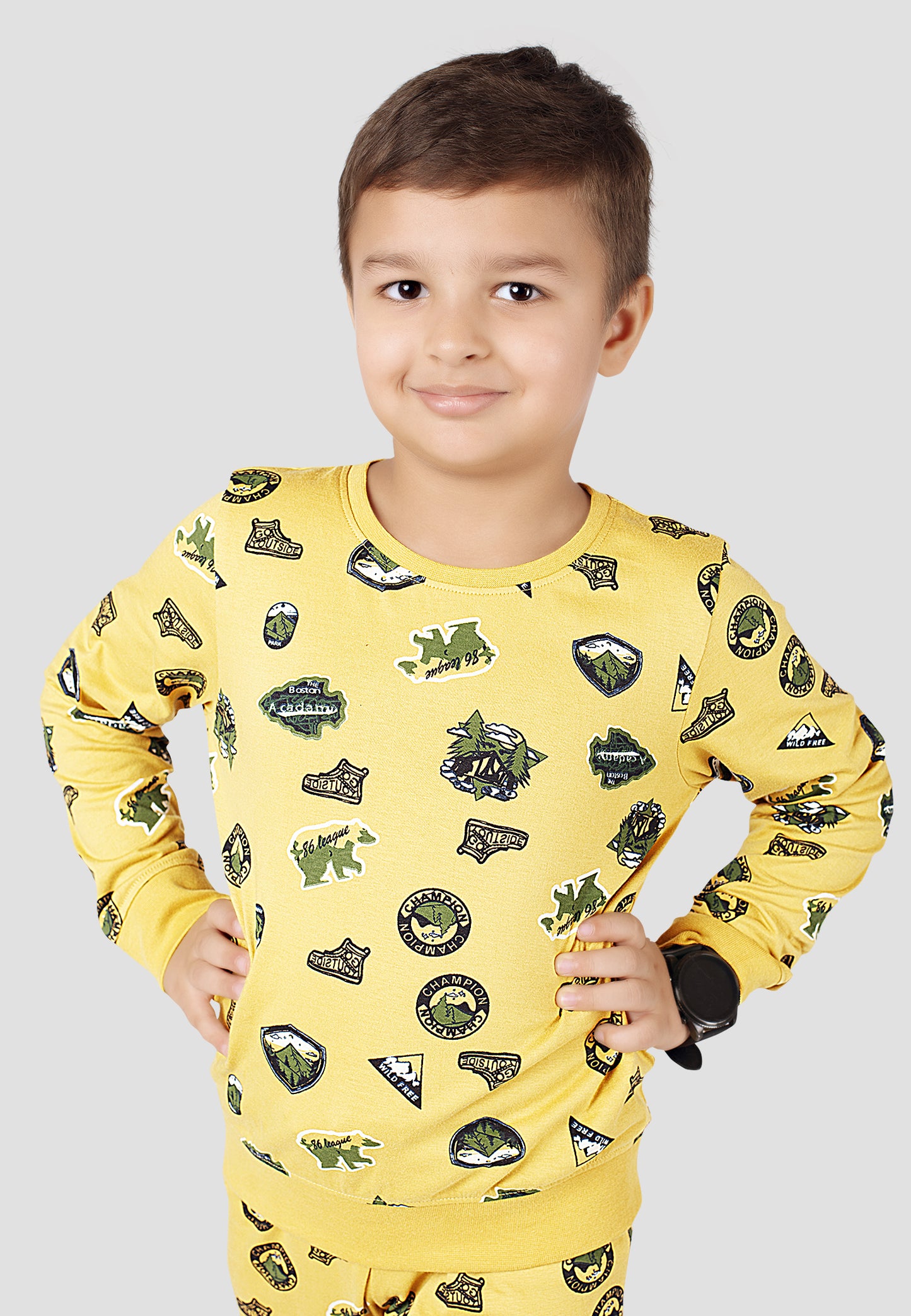 Tresnova Cotton Knit Full Sleeves Antimicrobial Finish Jungle Printed Coordinating T-shirt And Joggers Set-Yellow