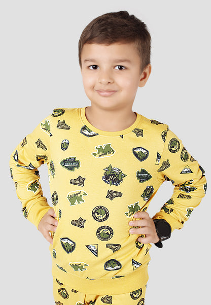 Tresnova Cotton Knit Full Sleeves Antimicrobial Finish Jungle Printed Coordinating T-shirt And Joggers Set-Yellow