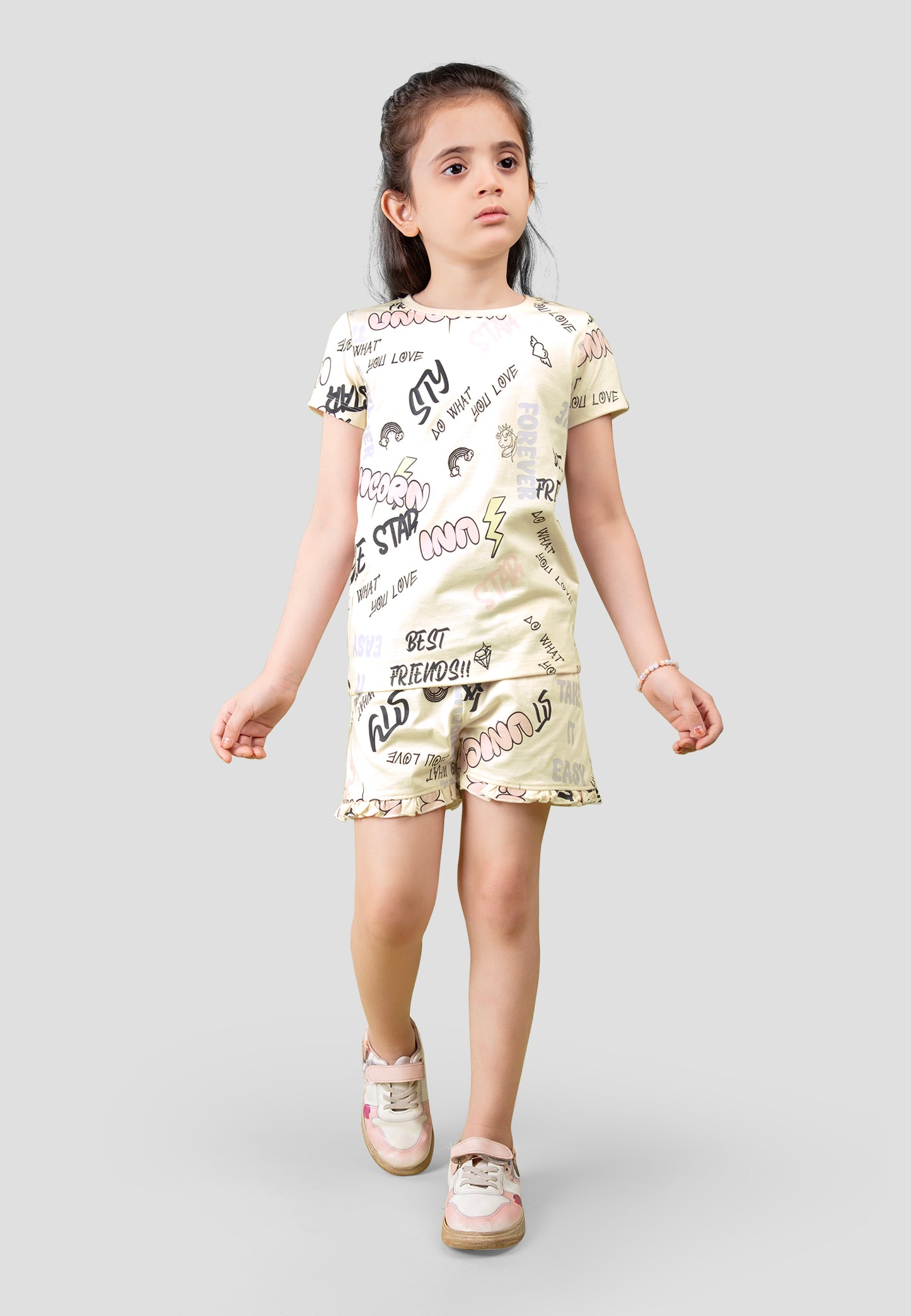 Girls' Graffiti Print Nightsuit – Soft, Anti-Microbial Cotton Co-ords | Pyjama Shorts Set for Kids