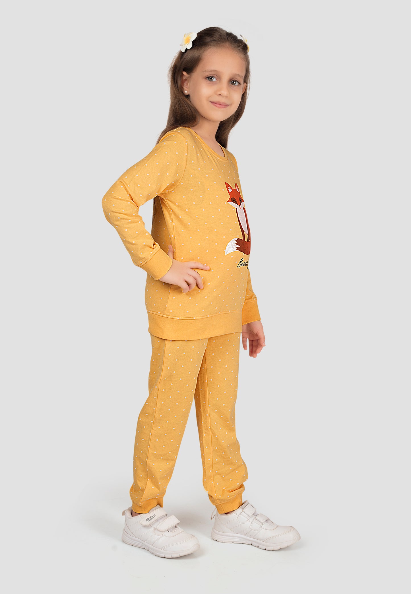 Tresnova Cotton Knit Full Sleeves Antimicrobial Finish Fox Printed Coordinating T-shirt And Joggers Set-Yellow