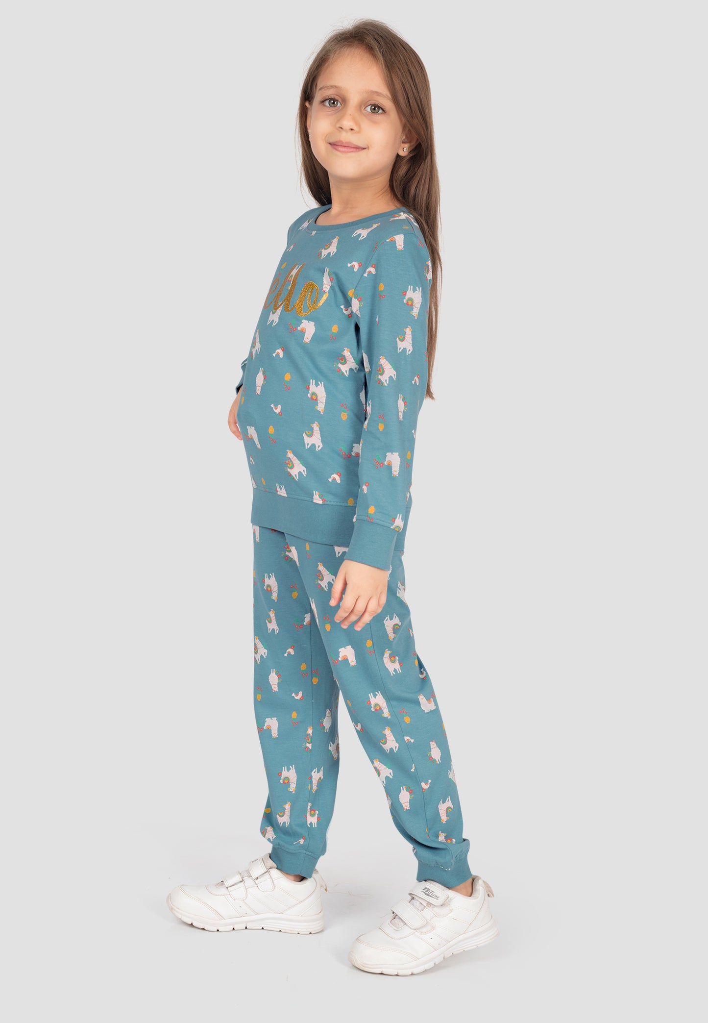 Tresnova Cotton Knit Full Sleeves Antimicrobial Finish Animal Printed Coordinating T-shirt And Joggers Set-Tealblue