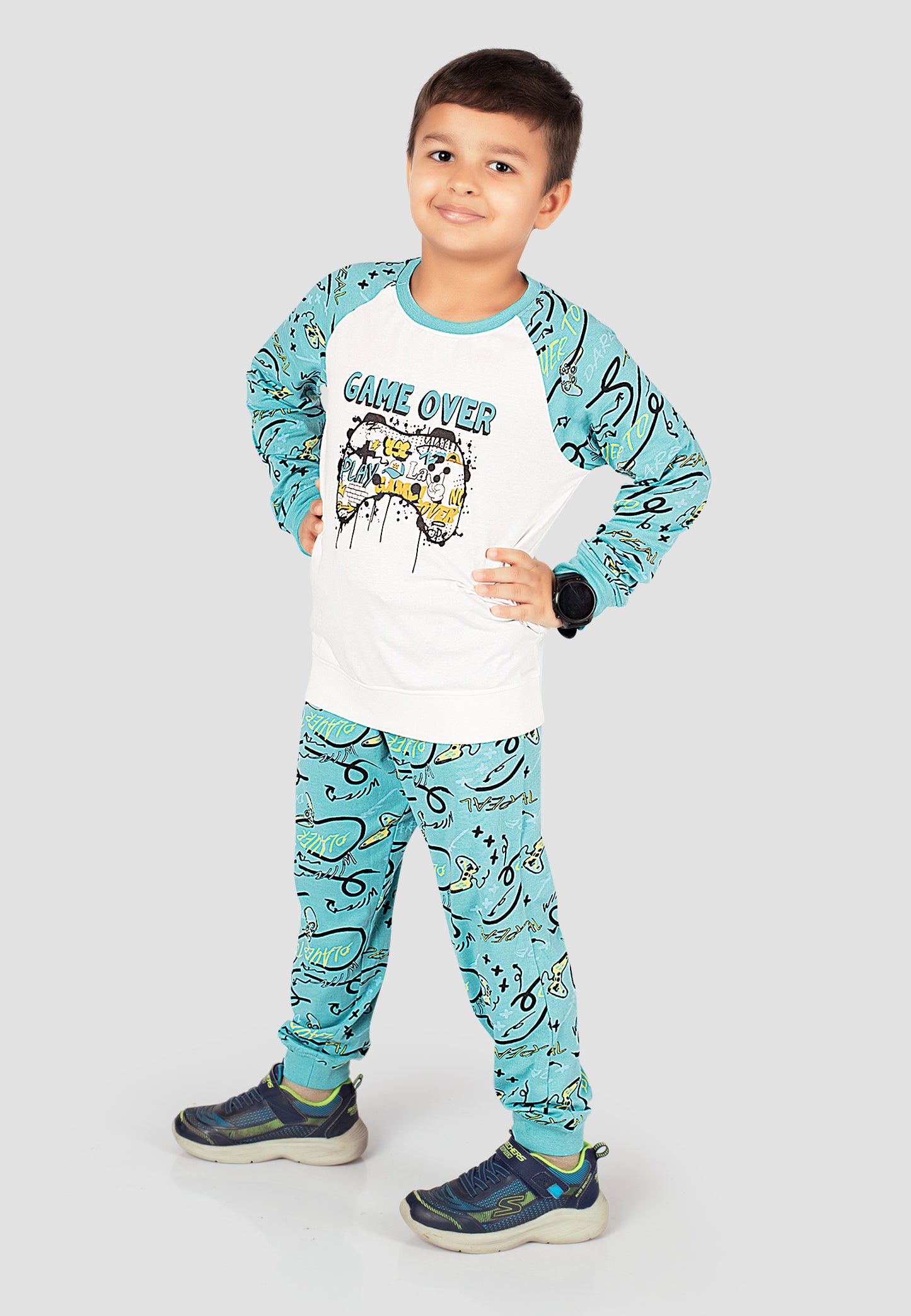 Tresnova Cotton Knit Full Sleeves Antimicrobial Finish Game Printed Coordinating T-shirt And Joggers Set-Offwhite
