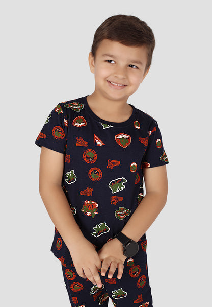 Tresnova Cotton Knit Half Sleeves Antimicrobial Finish Jungle Printed Coordinating T-shirt And Joggers Set-Navy Blue