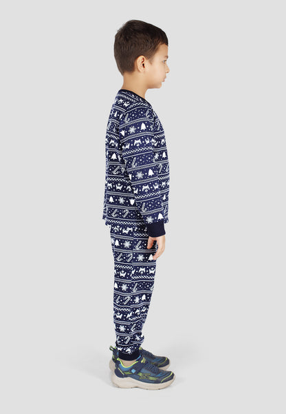 Tresnova Cotton Knit Full Sleeves Antimicrobial Finish Animal Printed Coordinating T-shirt And Joggers Set-Navyblue
