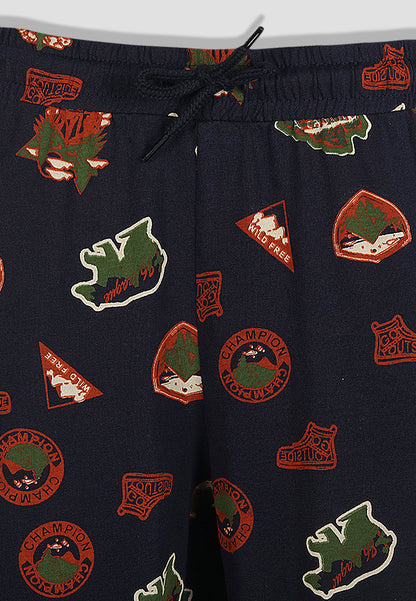 Tresnova Cotton Knit Half Sleeves Antimicrobial Finish Jungle Printed Coordinating T-shirt And Joggers Set-Navy Blue