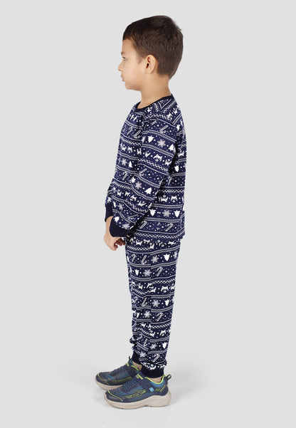 Tresnova Cotton Knit Full Sleeves Antimicrobial Finish Animal Printed Coordinating T-shirt And Joggers Set-Navyblue