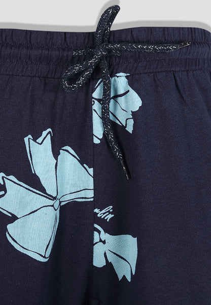 Tresnova Cotton Knit Full Sleeves Antimicrobial Finish Bow Printed Coordinating T-shirt And Joggers Set-Navyblue