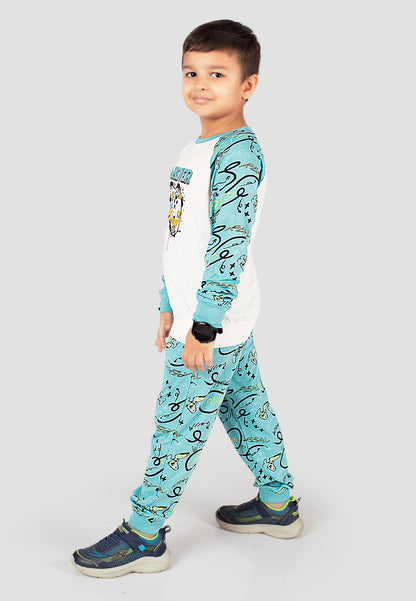 Tresnova Cotton Knit Full Sleeves Antimicrobial Finish Game Printed Coordinating T-shirt And Joggers Set-Offwhite