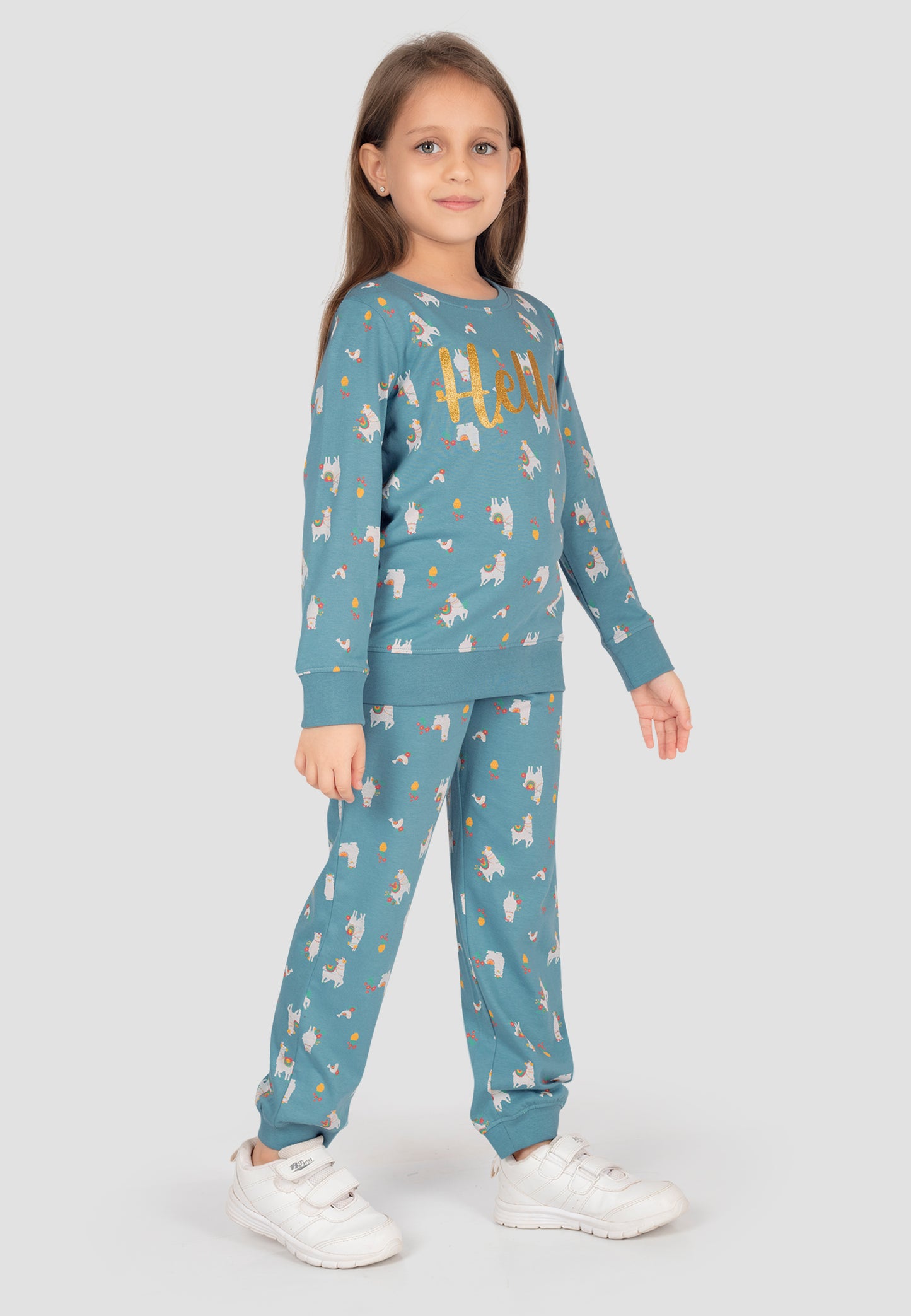 Tresnova Cotton Knit Full Sleeves Antimicrobial Finish Animal Printed Coordinating T-shirt And Joggers Set-Tealblue