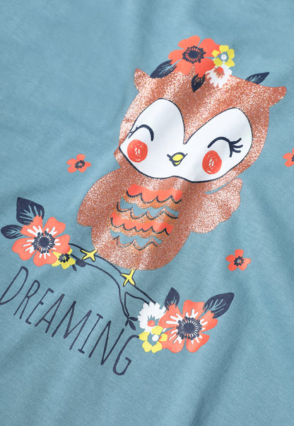Tresnova Cotton Knit Half Sleeves Antimicrobial Finish Owl Printed Coordinating T-shirt And Joggers Set-Tealblue