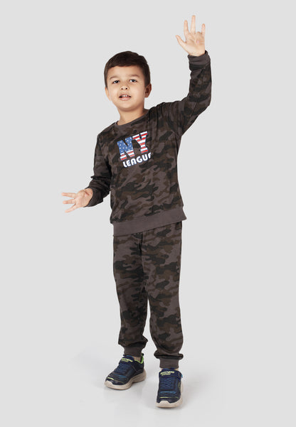 Tresnova Cotton Knit Full Sleeves Antimicrobial Finish Camoflague Printed Coordinating T-shirt And Joggers Set-Camoflague