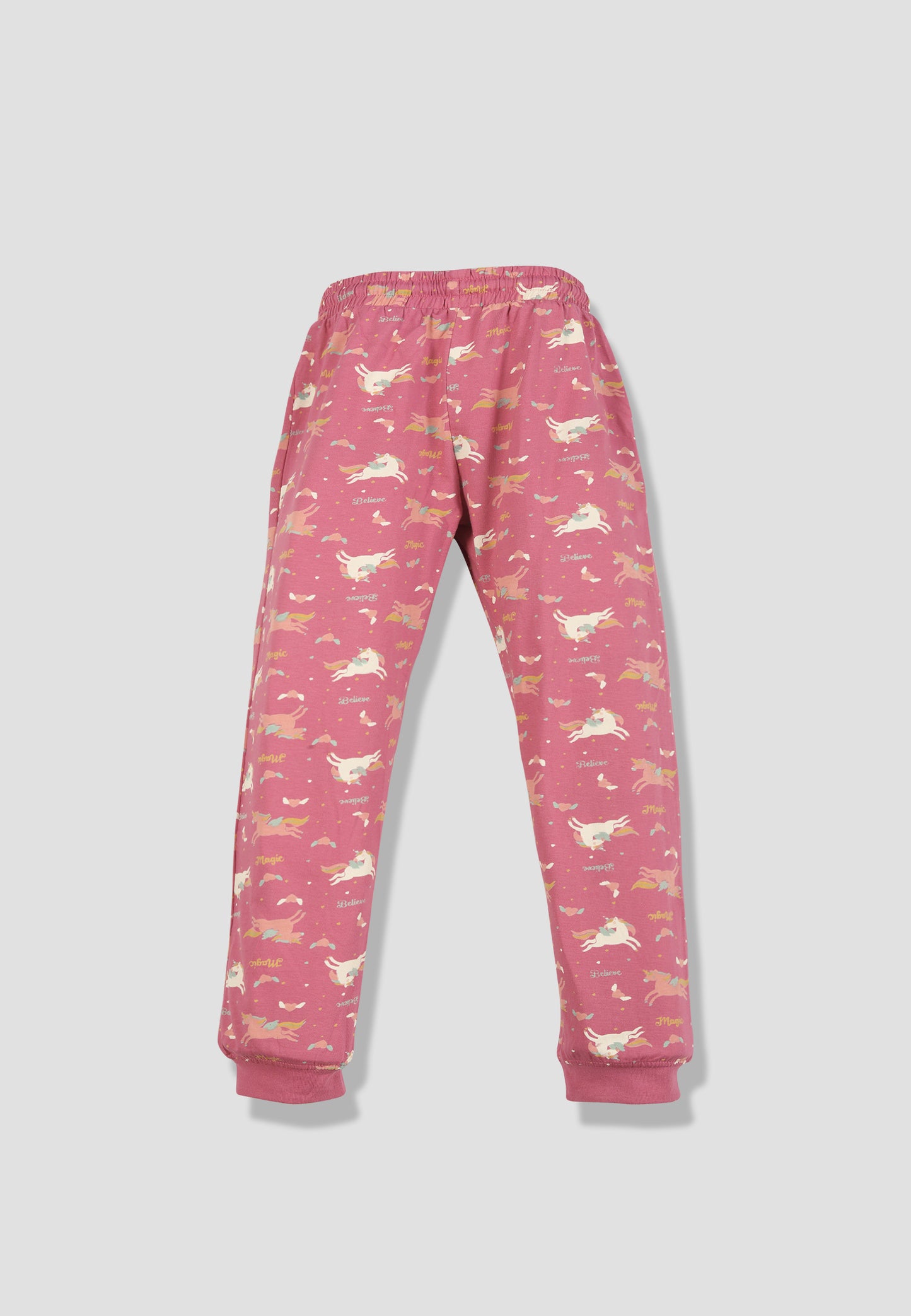 Tresnova Cotton Knit Full Sleeves Antimicrobial Finish Unicorn Printed Coordinating T-shirt And Joggers Set-Rosepink