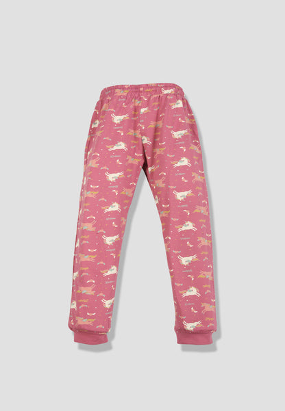 Tresnova Cotton Knit Full Sleeves Antimicrobial Finish Unicorn Printed Coordinating T-shirt And Joggers Set-Rosepink
