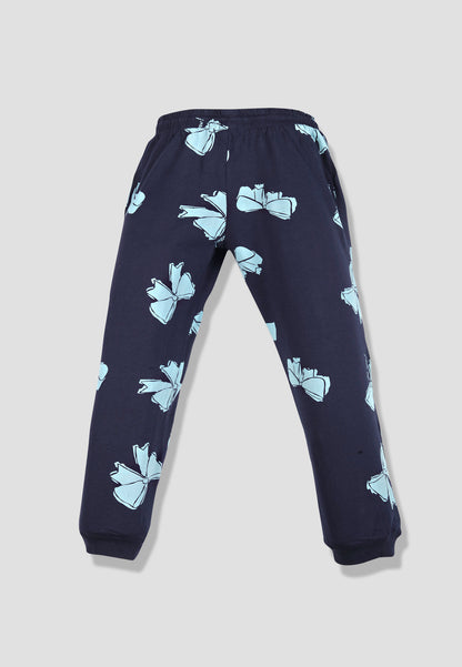 Tresnova Cotton Knit Full Sleeves Antimicrobial Finish Bow Printed Coordinating T-shirt And Joggers Set-Navyblue