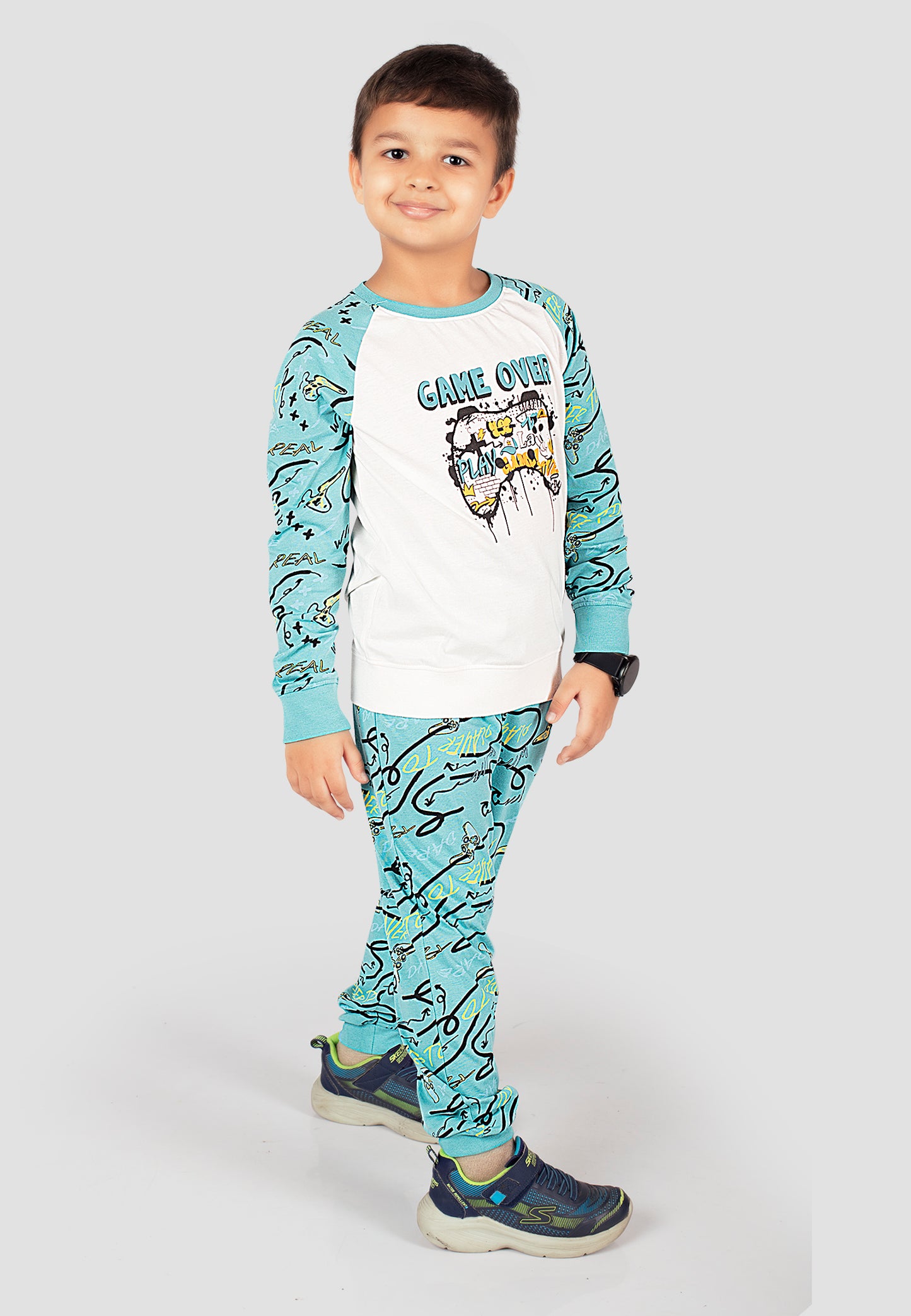 Tresnova Cotton Knit Full Sleeves Antimicrobial Finish Game Printed Coordinating T-shirt And Joggers Set-Offwhite