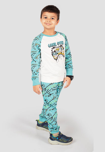 Tresnova Cotton Knit Full Sleeves Antimicrobial Finish Game Printed Coordinating T-shirt And Joggers Set-Offwhite
