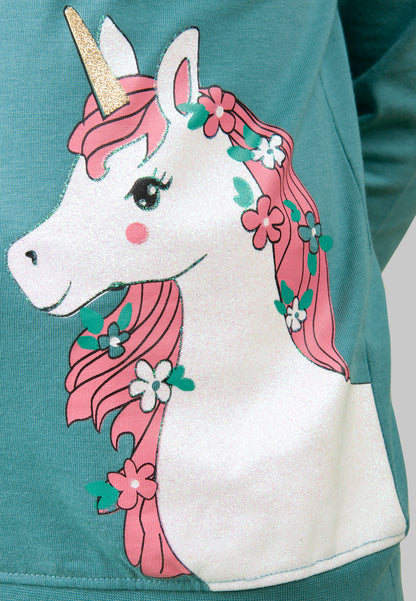 Tresnova Cotton Knit Full Sleeves Antimicrobial Finish Unicorn Printed Coordinating T-shirt And Joggers Set-Teal Blue