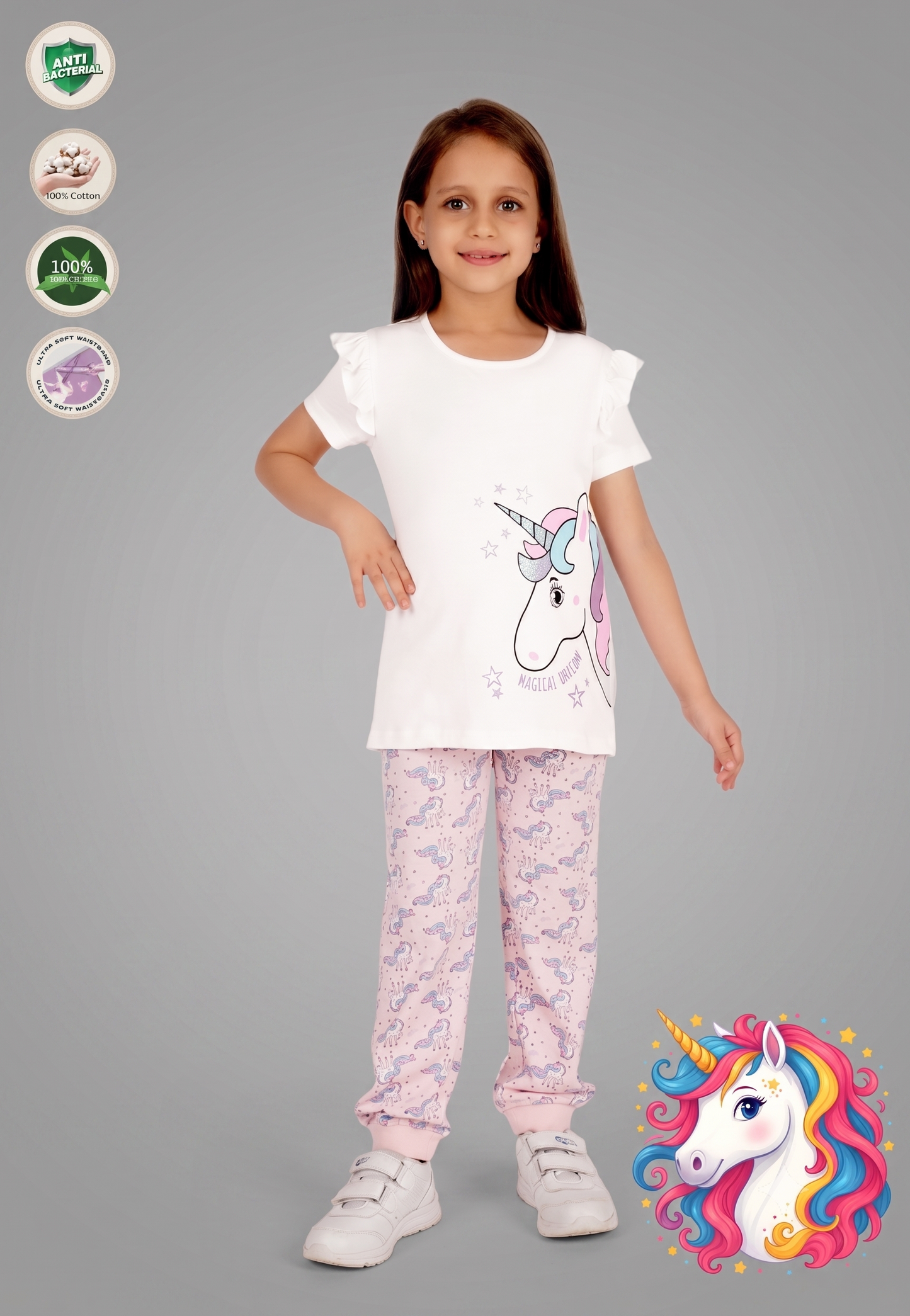 Tresnova Cotton Knit Half Sleeves Antimicrobial Finish Unicorn Printed Coordinating T-shirt And Joggers Set-Pink